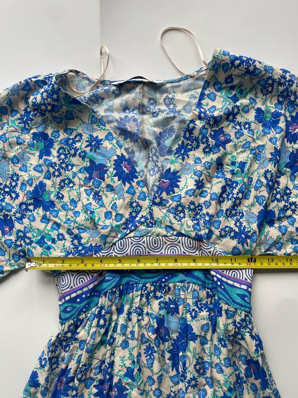 Zara Blue Floral Boho Midi Dress Empire Waist Short Sleeve - Picture 4 of 7